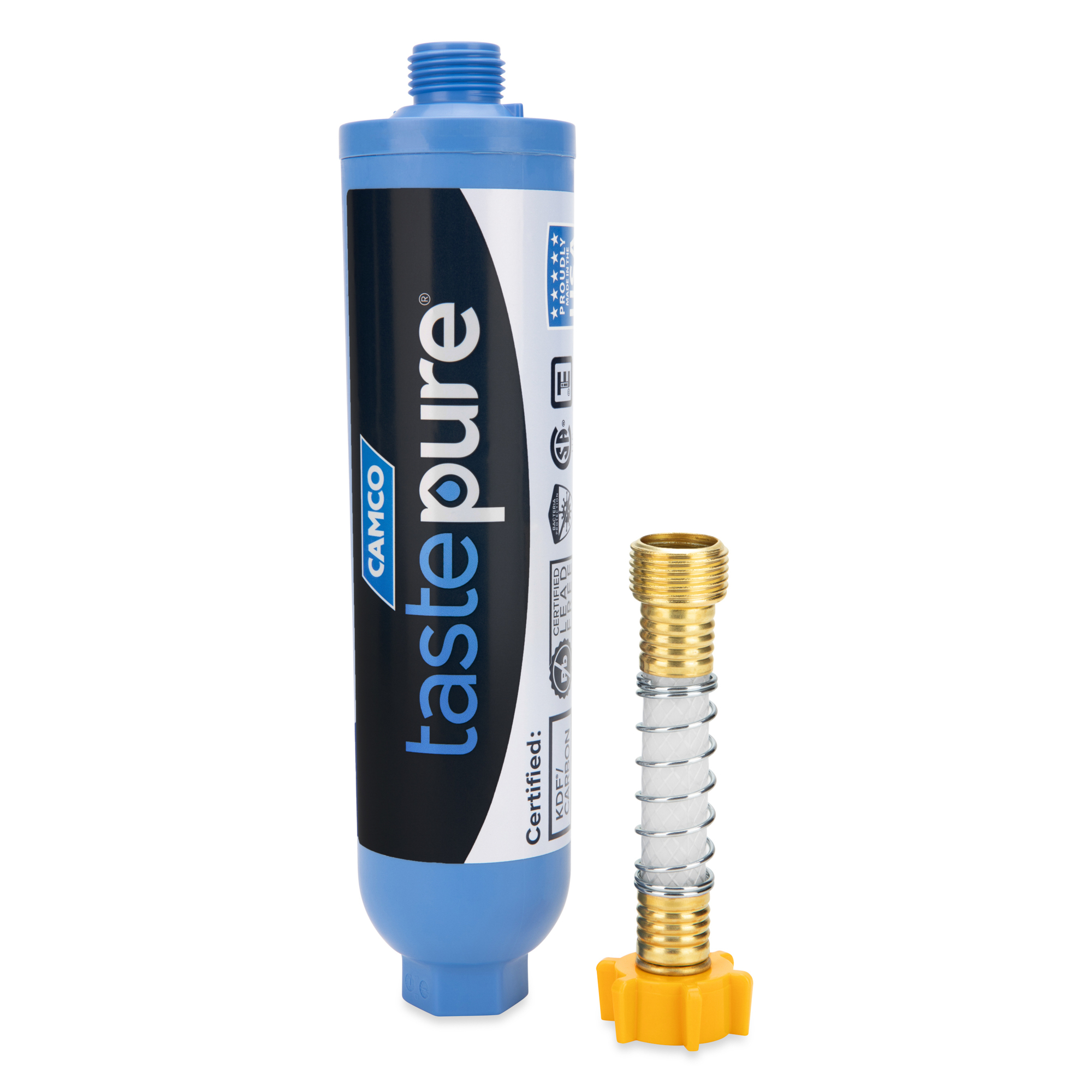 Camco Tastepure RV/Marine Inline Water Filter with Flexible Hose Protector, NSF Certified, Reduces Bad Taste, Odor, Sediment, etc., Ideal for Campers, Boats, Gardens, & Pets, Made in the USA